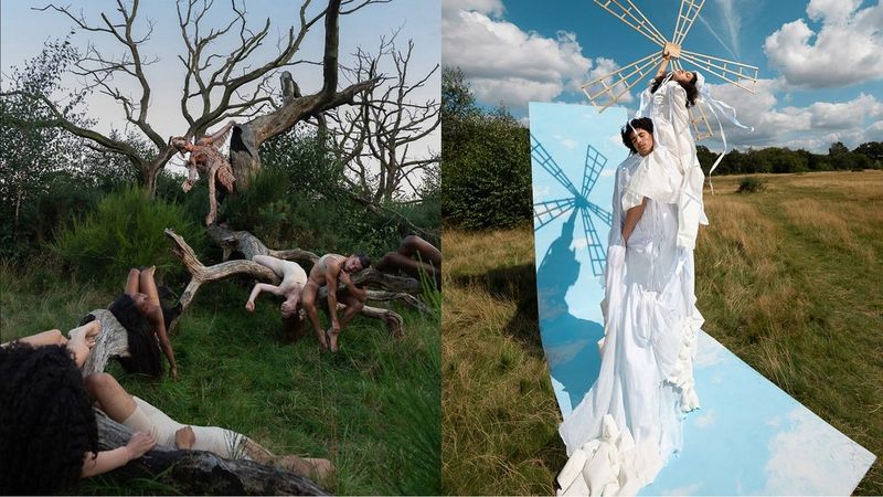 Sur la gauche, une image de danseurs vêtus de justaucorps blancs sales, drapés sur les branches d'arbres morts et allongés sur l'herbe. Sur la droite, deux danseurs vêtus de robes blanches éclatantes se tiennent debout dans un champ vert, sur fond de ciel bleu nuageux réel et peint sur un décor qui se trouve en dessous et derrière eux. Un danseur porte l'autre, qui tient les ailes en bois d'un moulin à vent.