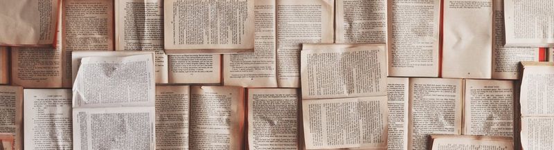 Dozens of open books, laid flat.