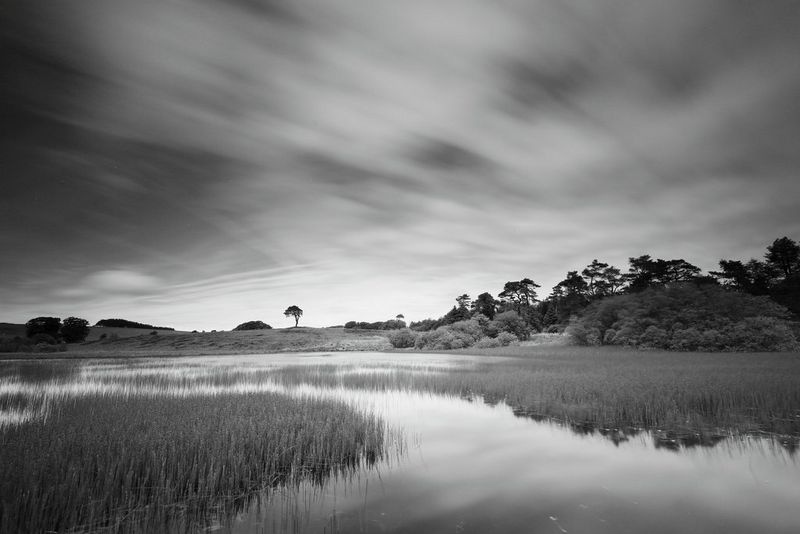 The same image of a landscape but in monochrome with red filter applied.