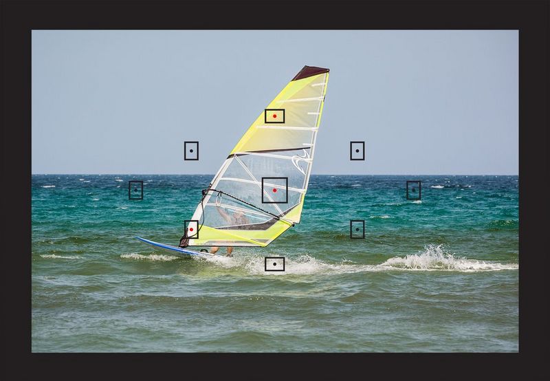 A windsurfer on the rear screen of a camera with three AF points active out of nine.
