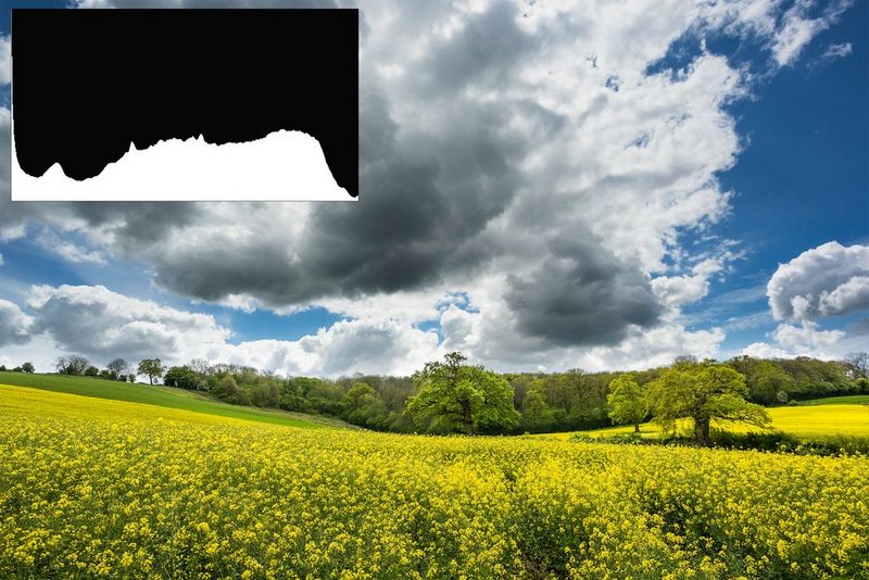 Un'immagine di un paesaggio ben esposta, con molti più dettagli visibili sia nelle nuvole sia nella vegetazione.