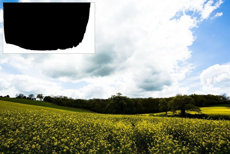 Un'immagine di un paesaggio ad alto contrasto, con un istogramma che presenta un picco che si interrompe a entrambe le estremità, luci (a destra) e ombre (a sinistra).