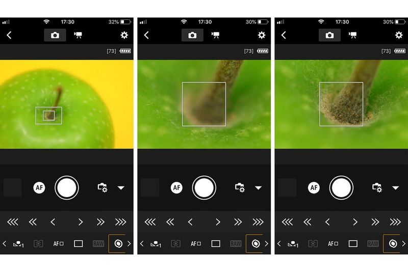Three views of the Canon Camera Connect app on a smartphone, being used to focus manually on the stalk of a green apple in close-up.