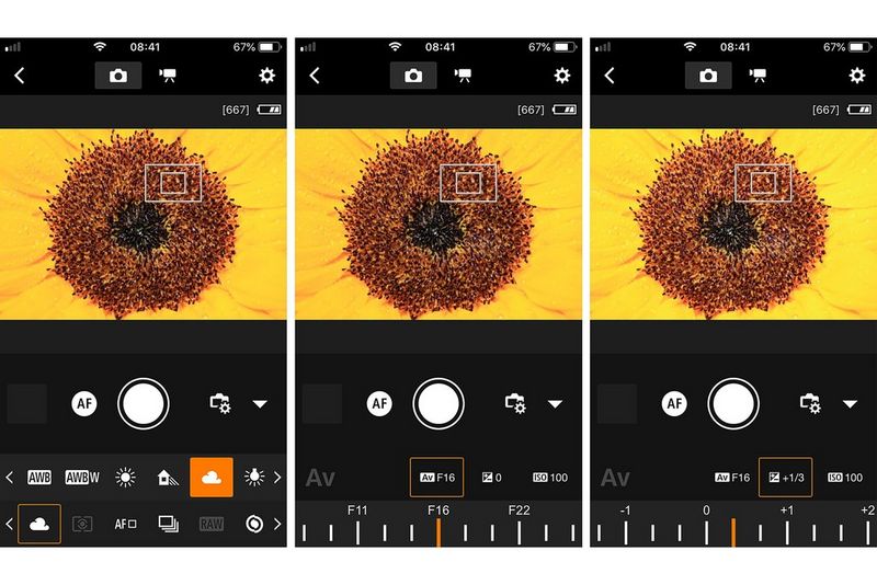 Screengrabs from Camera Connect app showing different settings you can adjust.