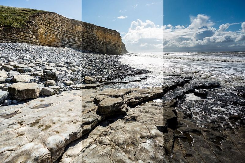 A rocky coastline with layered cliffs and waves under a blue sky, shown with different exposure or tonal treatments across the image.