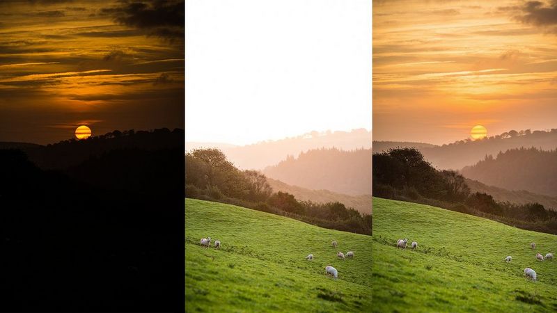 Three versions of the same image of a sunset. On the left the image is underexposed, in the middle it is overexposed, on the right it is correctly exposed, so both the sunset in the background and the green hills in the foreground are visible.
