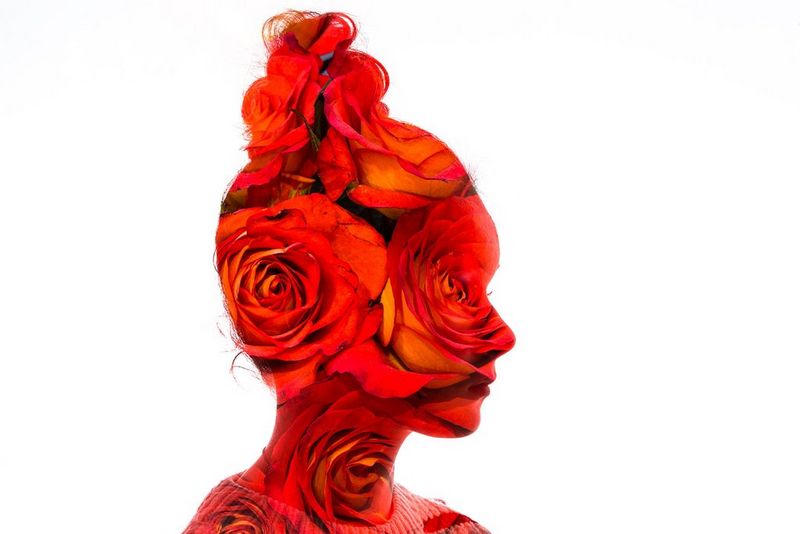Un'immagine astratta di rose rosse all'interno della sagoma della testa di una ragazza, creata utilizzando esposizioni multiple.
