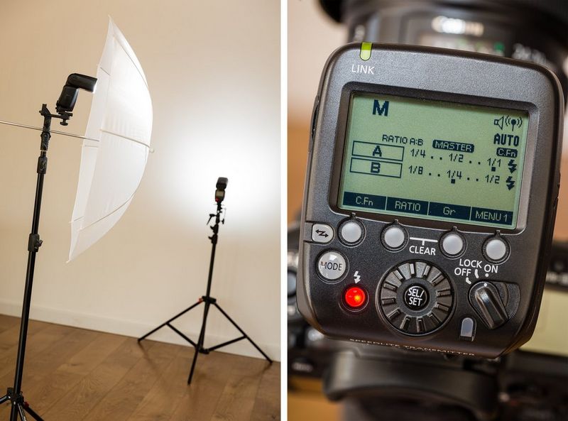 Two Canon Speedlite flashes used off camera on the left side and a close-up of setting on the flash on the right side. © Marcus Hawkins