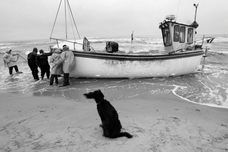 A black and white image of five people in waterproof clothing trying to push a small fishing boat from the shore back into a choppy ocean. In the front and centre of the shot sits a black dog, his fur windswept and leaning to the left as the wind blows hard against him.