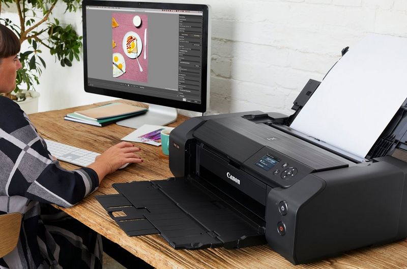 Eine Frau sitzt an einem Schreibtisch und verwendet einen Computer mit einem Canon PIXMA PRO-200 Drucker.