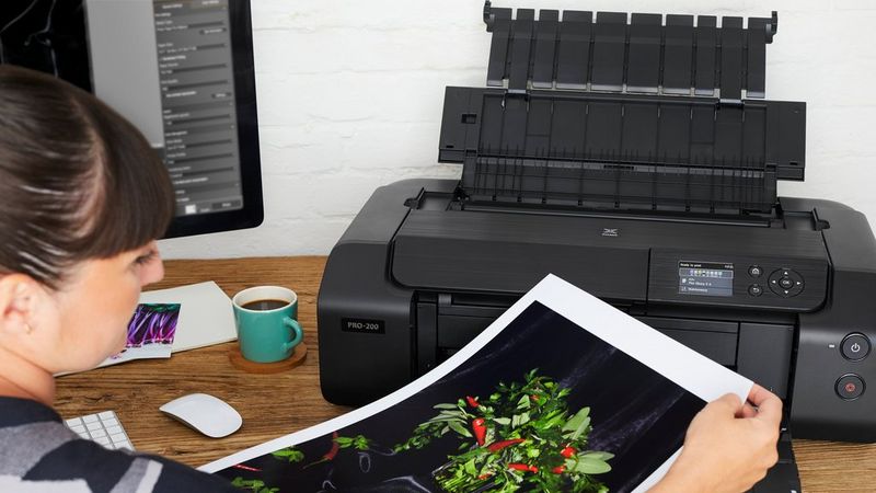 Фотограф изучает цветную фотографию, напечатанную на PIXMA PRO-200