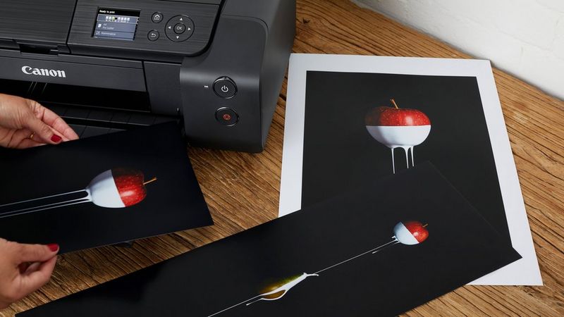Un photographe examine des photographies de qualité supérieure arborant une grande variété de tons et de teintes, toutes obtenues avec le modèle PIXMA PRO-200