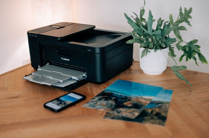 A Canon printer next to a house plant, a phone and some prints.
