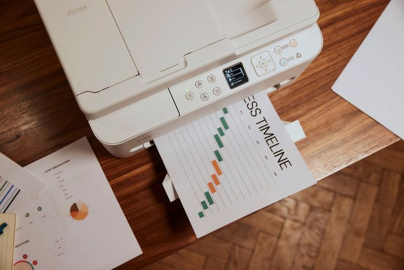 Из принтера Canon PIXMA выходит цветная таблица с временной шкалой, а на столе рядом лежат другие рабочие документы.