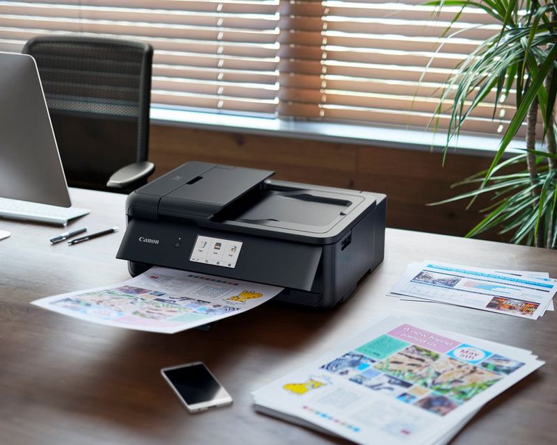 Een Canon PIXMA-printer staat op een bureau. In de lade ligt een kleurrijke print.