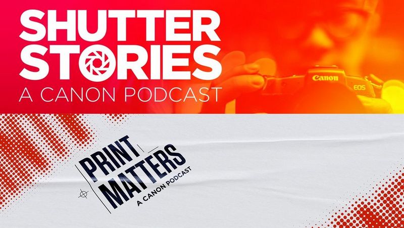 The branding for Canon’s two podcasts one on top of the other, in landscape format. The top reads ‘Shutter Stories, A Canon Podcast’ with the O of ‘stories’ illustrated to look like a camera shutter. It is written against a red background with a red tinted image of a person’s hands holding a Canon camera. Below the text reads ‘Print Matters, A Canon Podcast’ and it is set against a white background that is designed to look like crinkled paper. On the top left and bottom right there are triangles of red halftone dots.