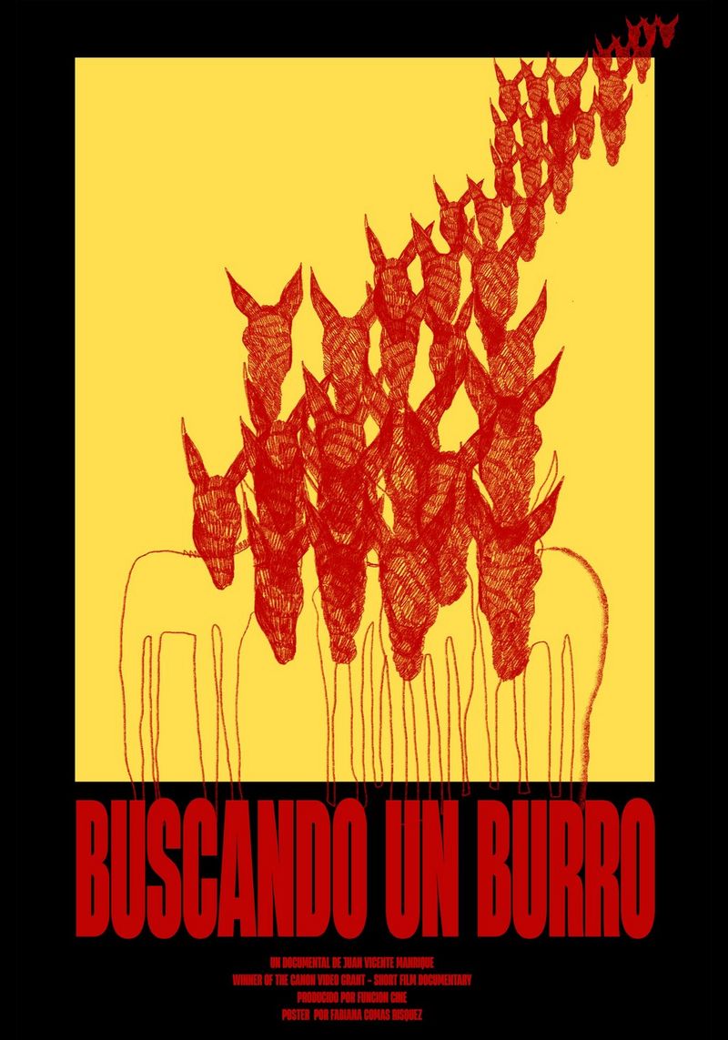 A film poster for Buscando un Burro showing an abstract representation of donkeys in red and yellow.