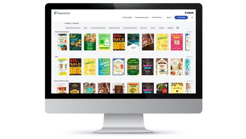Op een computerscherm wordt de Canon PosterArtist-software weergegeven, met een groot aantal postersjablonen waaruit je kunt kiezen.