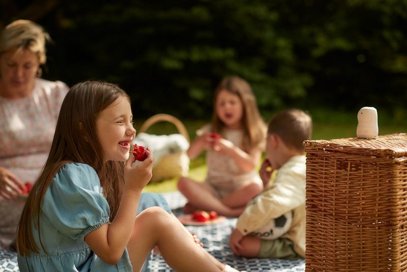A family sits outside on a picnic blanket, eating fruit. The Canon PowerShot PX is on a picnic basket facing them.