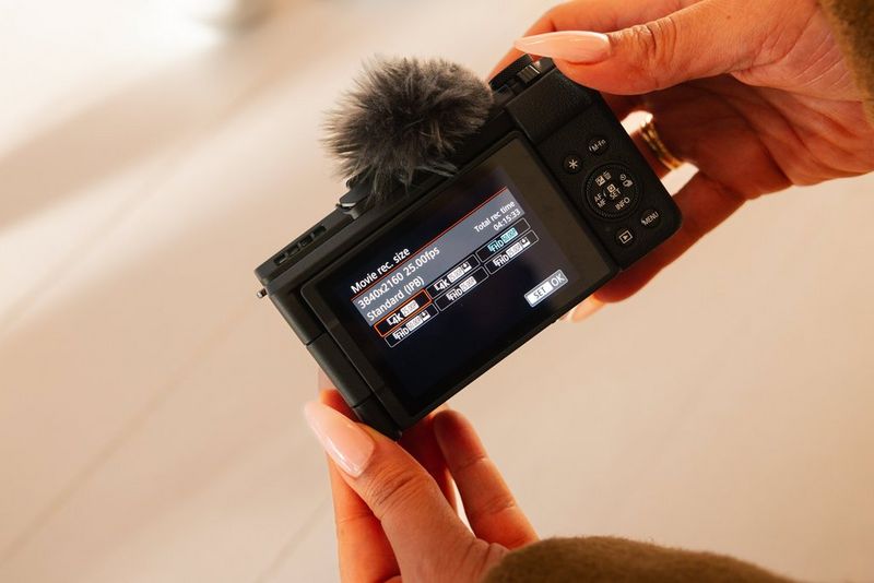 Ženska na zaslonu fotoaparata Canon PowerShot V1 izbere ločljivost 4K za snemanje videa.