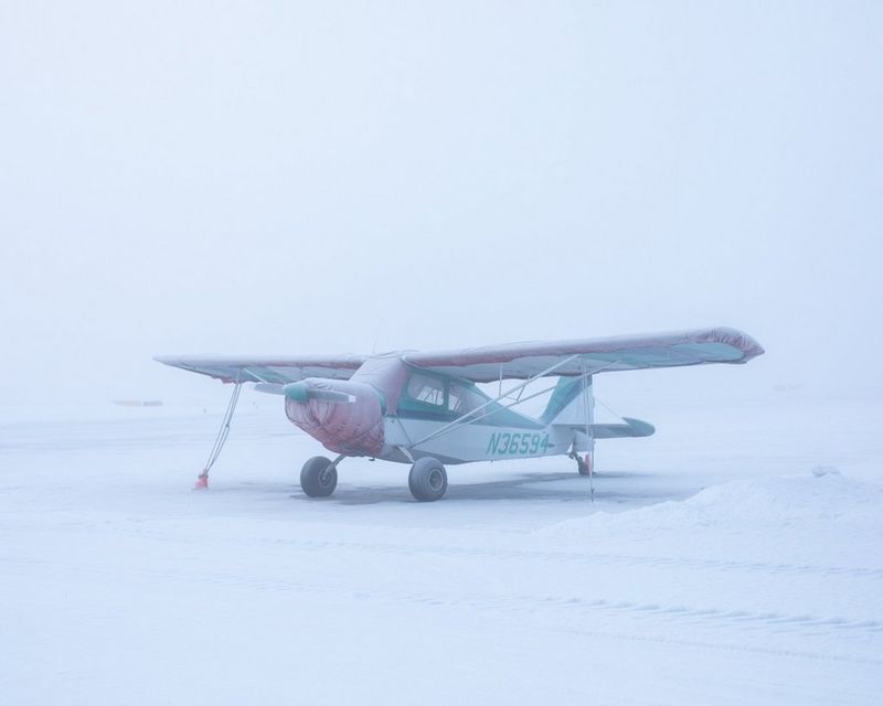 An Alaskan bush plane parked in the fog, on snow-covered tarmac. 
