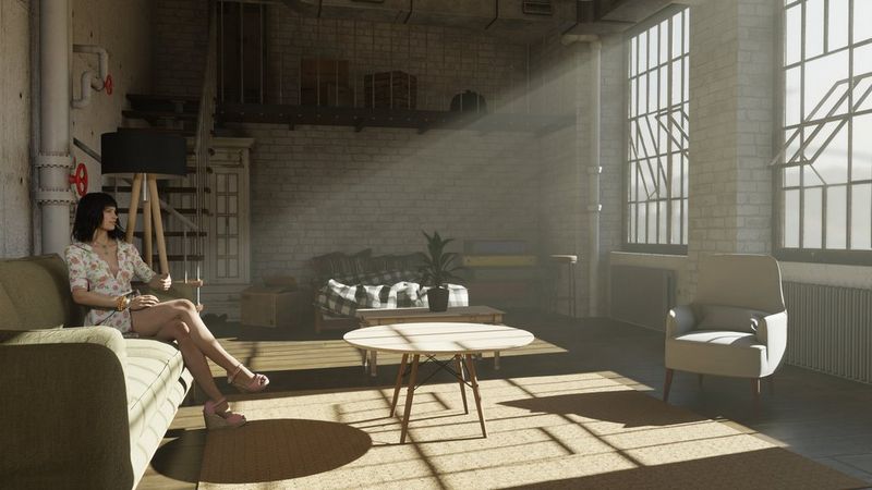 An AI-generated pre-visualisation of a room, with light streaming in through large windows on one side, illuminating the carpet, furniture, and a person sitting on a settee on the other side.