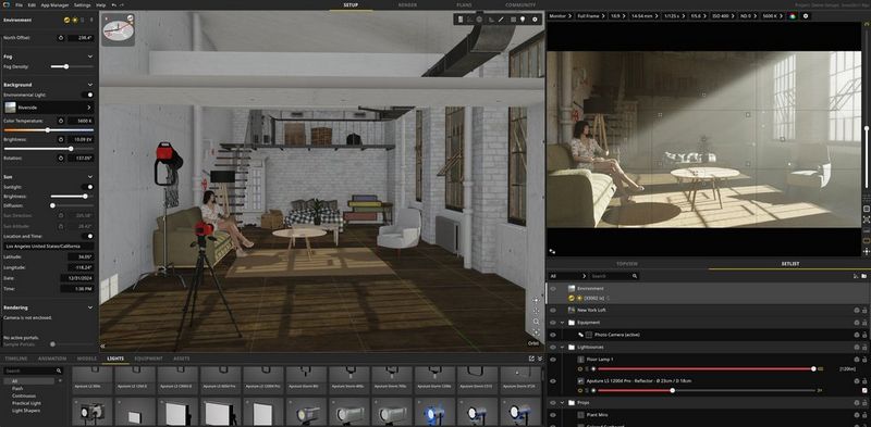 The interface of the Set-a-Light app, showing a pre-visualisation of a room, with various control options at the side and different lights at the bottom that can be added to the virtual set.