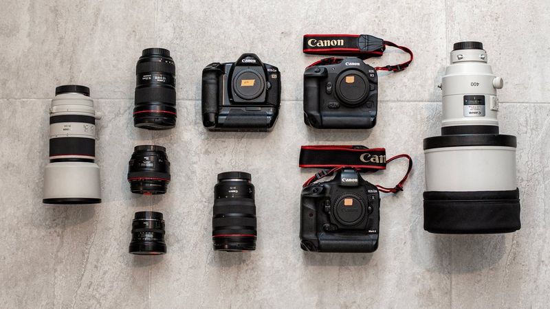 Alexandros Grymanis' kitbag showing Canon cameras, lenses and accessories. 