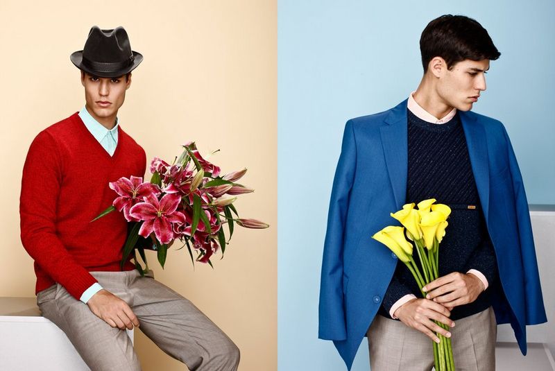 Two photos side-by-side: on the left, a man wearing a hat, red jumper and smart trousers, and holding a bunch of pink and red flowers; on the right, a man wearing a blue blazer and holding a bunch of yellow flowers. Taken on a Canon EOS-1Ds Mark III by Canon Ambassador Aljoša Rebolj.