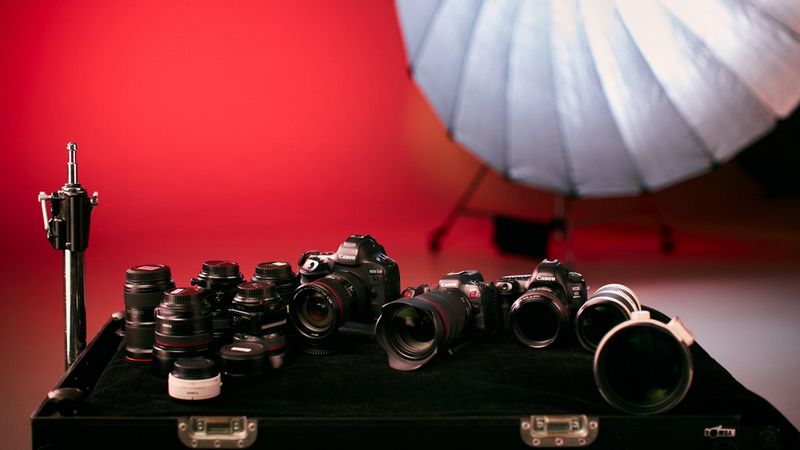 Canon Ambassador Aljoša Rebolj's kitbag containing Canon cameras, lenses and accessories.