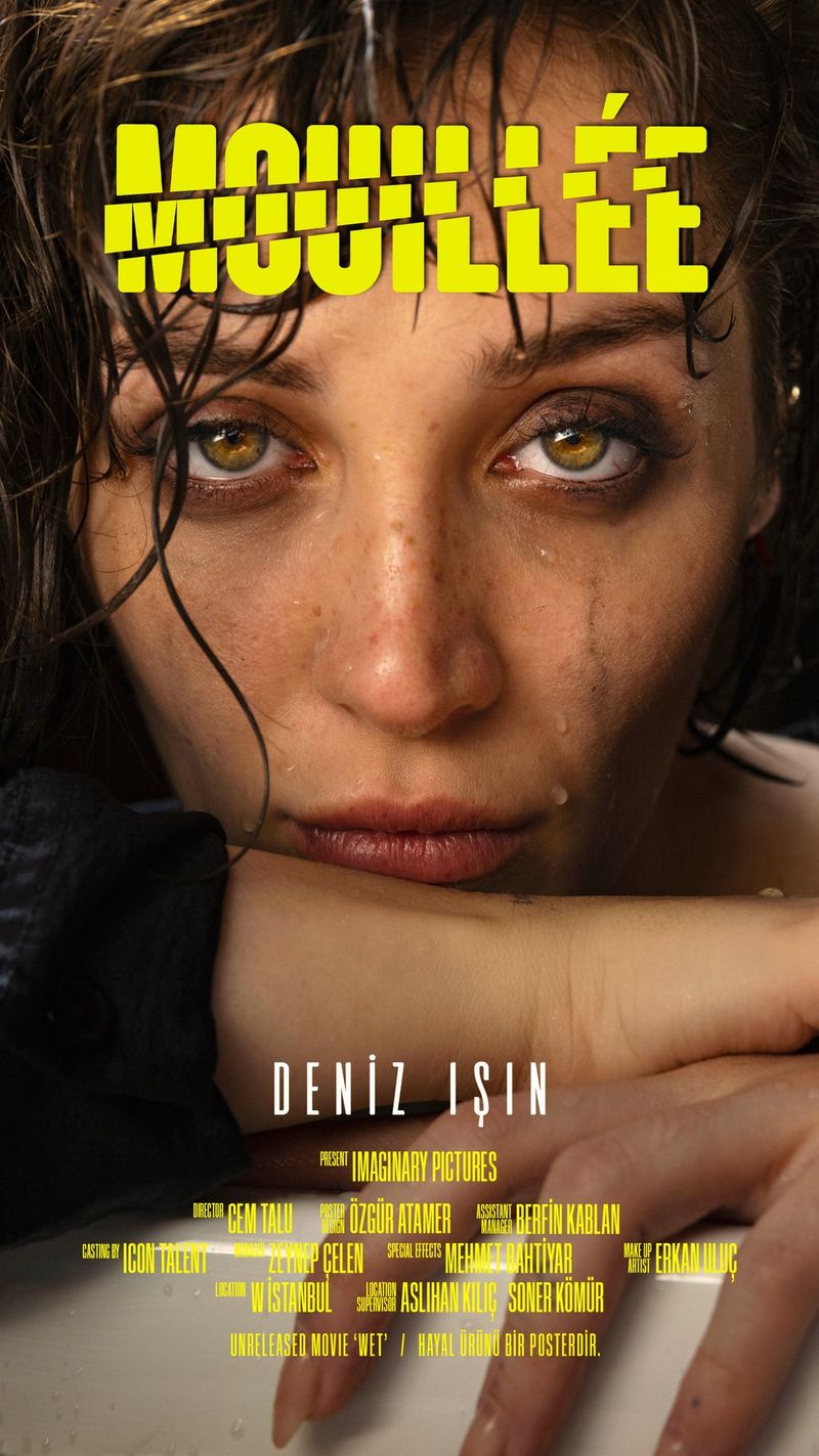 A poster – from an ongoing series of imaginary films – of actress Deniz Işın with smudged eye make-up, wet hair and water running down her face. Taken on a Canon EOS R5 by Cem Talu. 