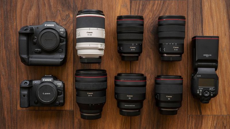 Canon Ambassador Cem Talu's kitbag containing Canon cameras, lenses and accessories.