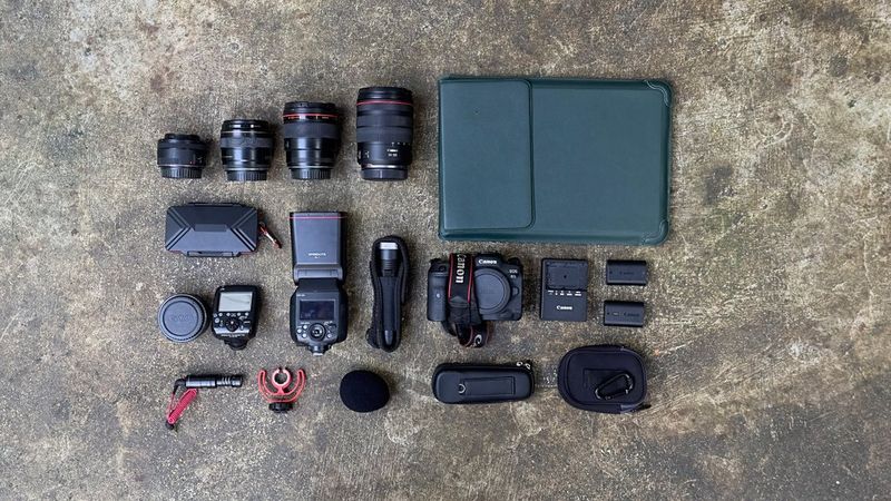 Chiara Negrello's kitbag containing Canon cameras, lenses and accessories.