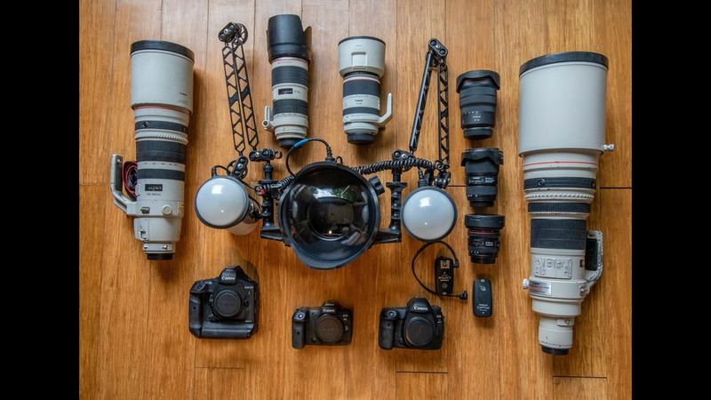 Chris Fallows' kitbag containing Canon cameras, lenses and accessories.