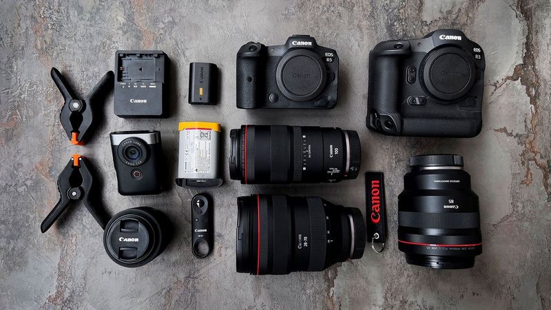 Donatella Nicolini's kitbag containing Canon cameras, lenses and accessories.