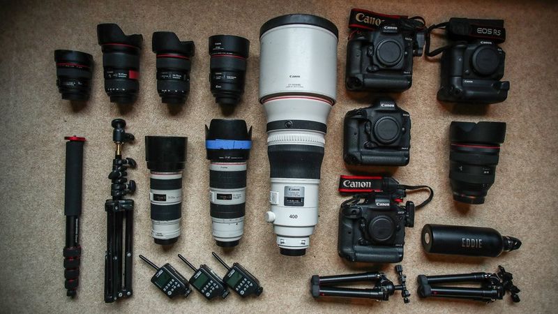 Eddie Keogh's kitbag containing Canon cameras and lenses.