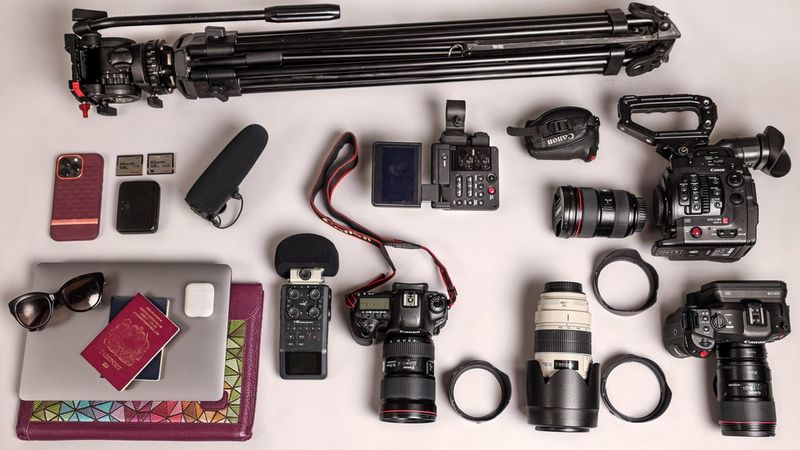 Elisa Iannacone's kitbag containing Canon cameras and lenses.