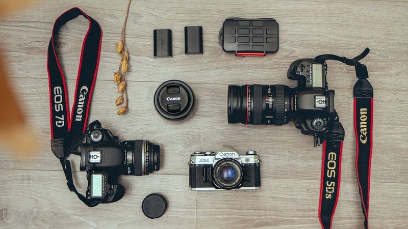 Evely Duis' kitbag containing Canon cameras and lenses.