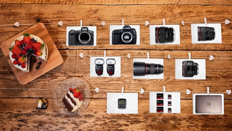 Fabio Mirulla's kitbag containing Canon cameras, lenses and accessories.