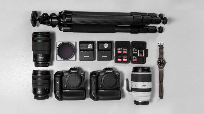 Canon Ambassador Florian Roser's kitbag containing Canon cameras, lenses and accessories