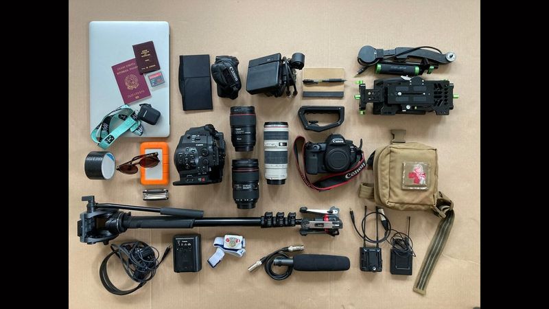 Francesca Tosarelli's kitbag containing Canon cameras, lenses and accessories. 
