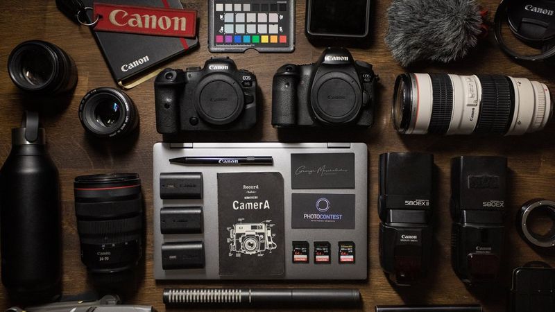 Canon Ambassador George Maschalidis' kitbag containing Canon cameras, lenses and accessories.