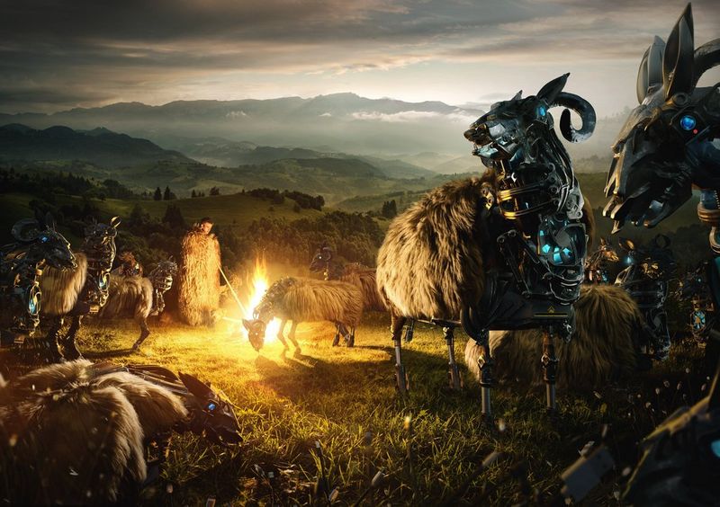 Sheep with metal parts and a shepherd surround a fire against a mountainous landscape, created by Ionut Macri using a mixture of photography and CGI.