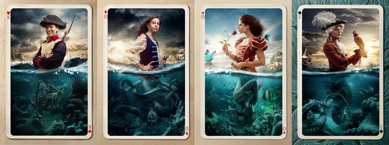 Four playing cards show people in the top halves and their underwater personas in the bottom halves, created by Ionut Macri using a mixture of studio photography and CGI.