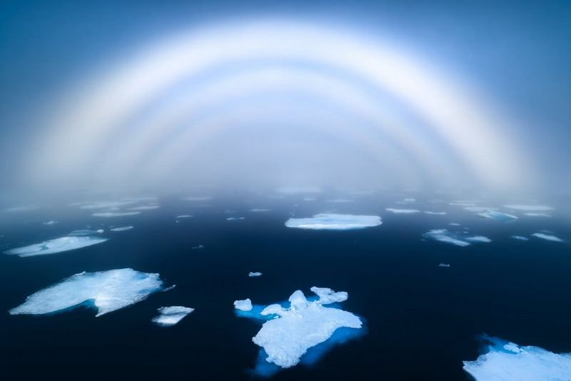 Large chunks of ice float in dark water. In the background, semicircles of white light fade into the distance.