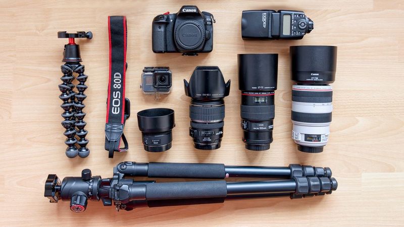 Jan Stria's kitbag containing Canon cameras, lenses and accessories.