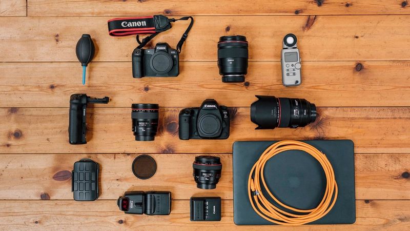 Javier Cortés's kitbag containing cameras and lenses. 
