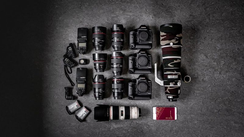 Jonas Classon's kitbag containing Canon cameras, lenses and accessories.