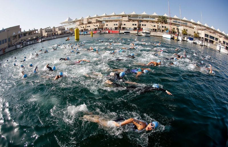 Tens of female swimmers race through choppy waters. A fisheye lens has caused the surface of the water and the buildings at its edge to appear curved.