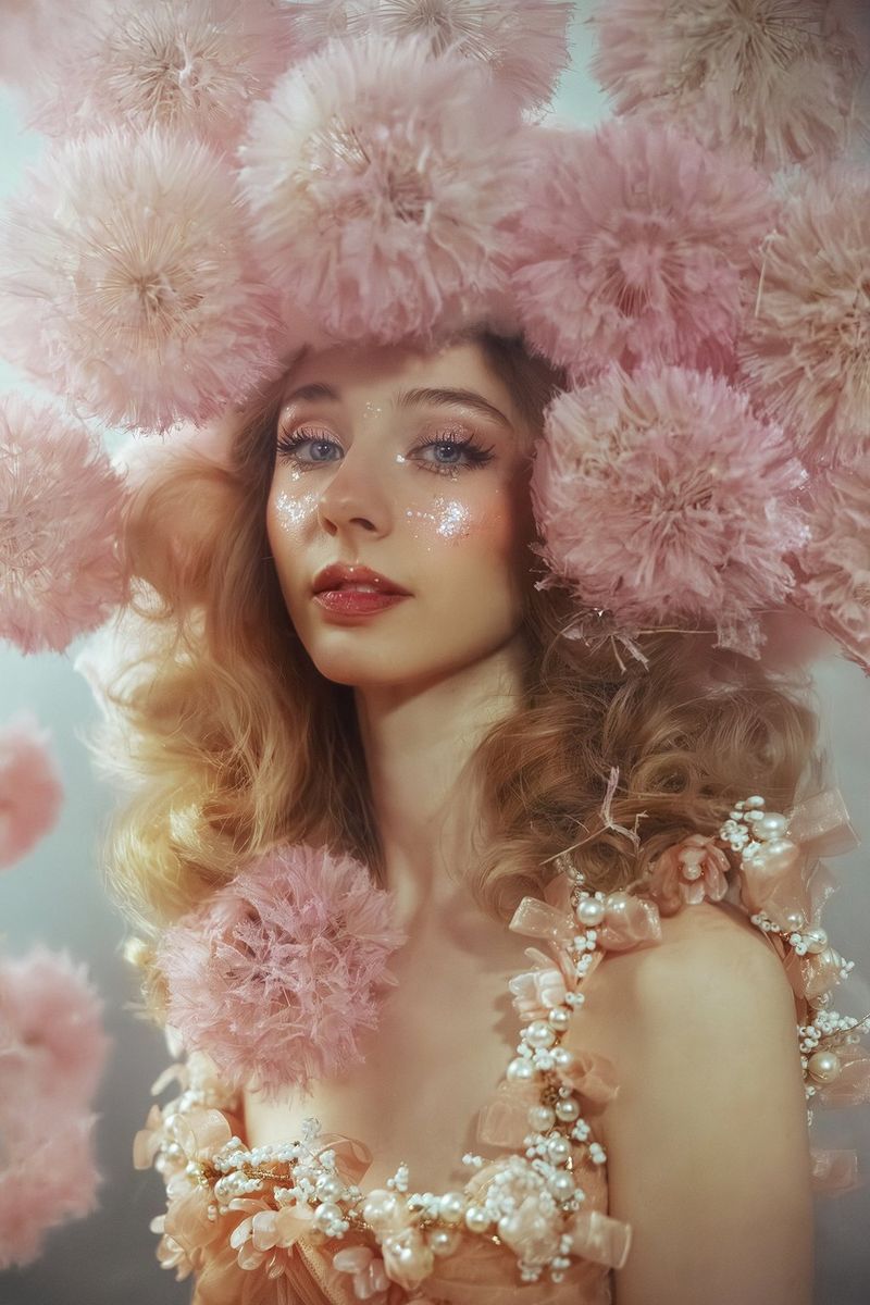 A portrait of a model in a dress adorned with pearls, her head framed by large, pink dandelion seedheads.